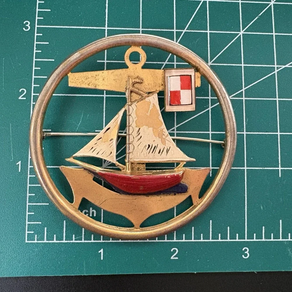 Vintage Sailboat Brooch Anchor Nautical Sail Enamel Ocean Seas Gold Tone READ